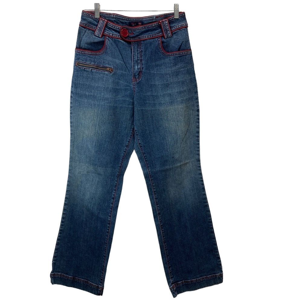 Womens Juniors Vigoss The Boot‎ Thick Stitch Blue Jeans Size 13/14 Burgundy Trim